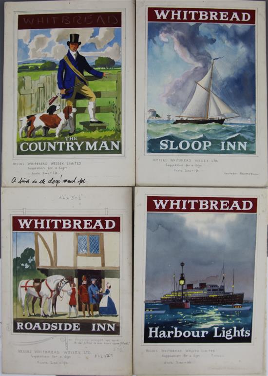 Southey Bramwell. Eight original watercolour and gouache designs for pub signs, principally for Whitbread, largest overall 11 x 9.25in.